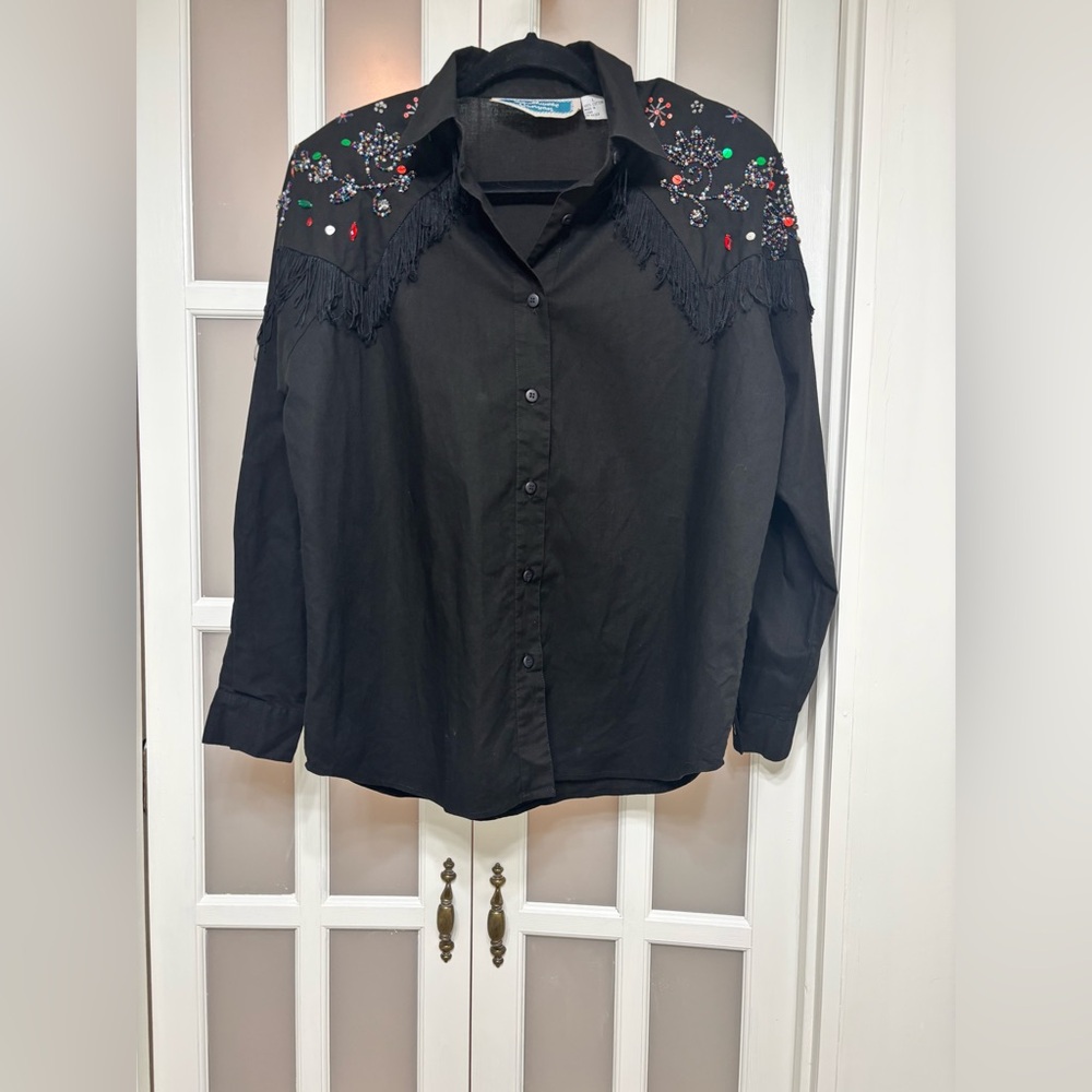 Southwest Canyon Embellished Fringe Western Shirt Black Size L